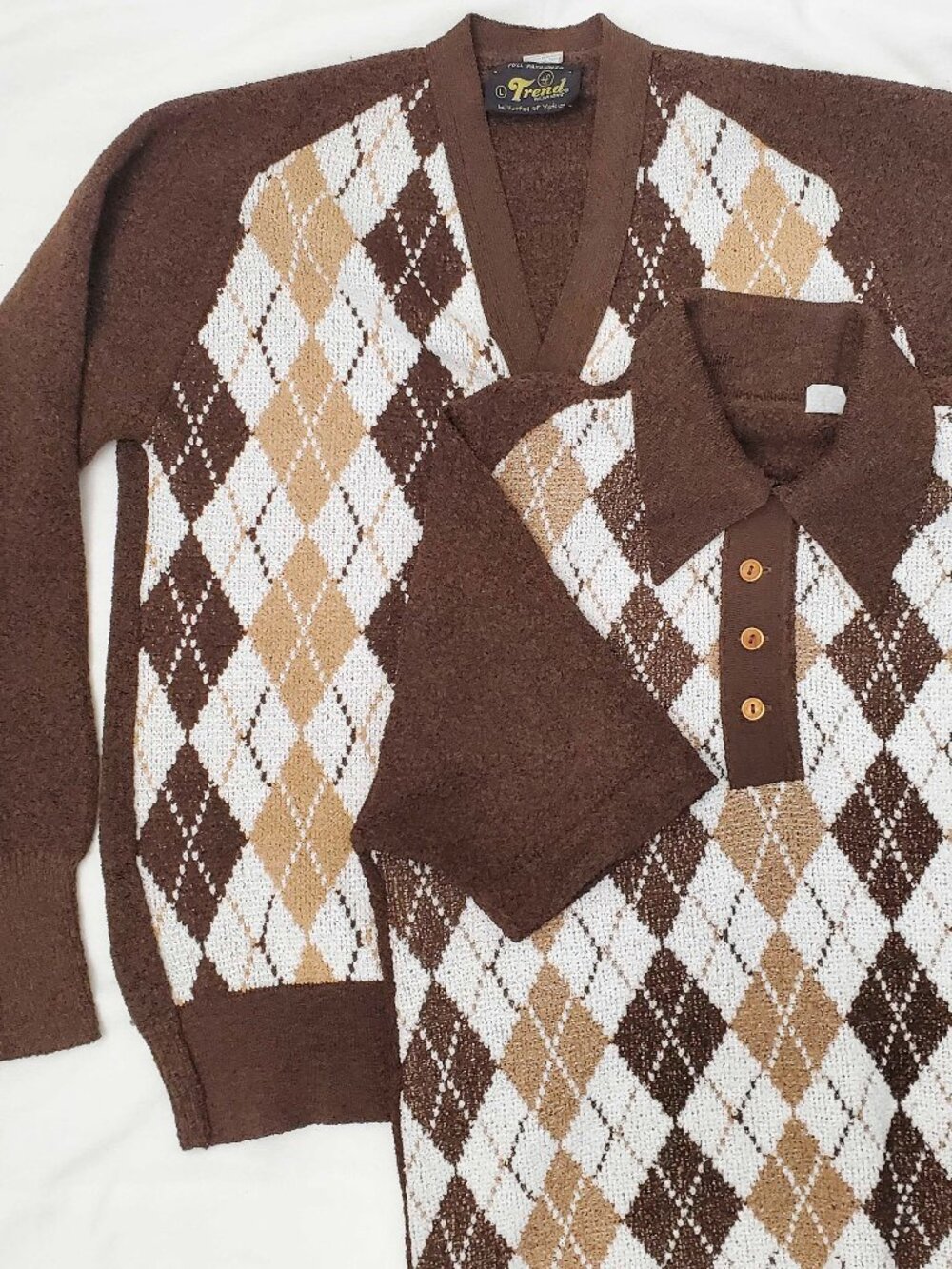 Vintage Trend Fashions Mens 2 Piece Set Knit Argyle Polo Shirt Cardigan Brown L